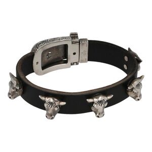 GUCCI western cowboy cow Black Leather Bracelet with Silver Bull Heads Nashville
